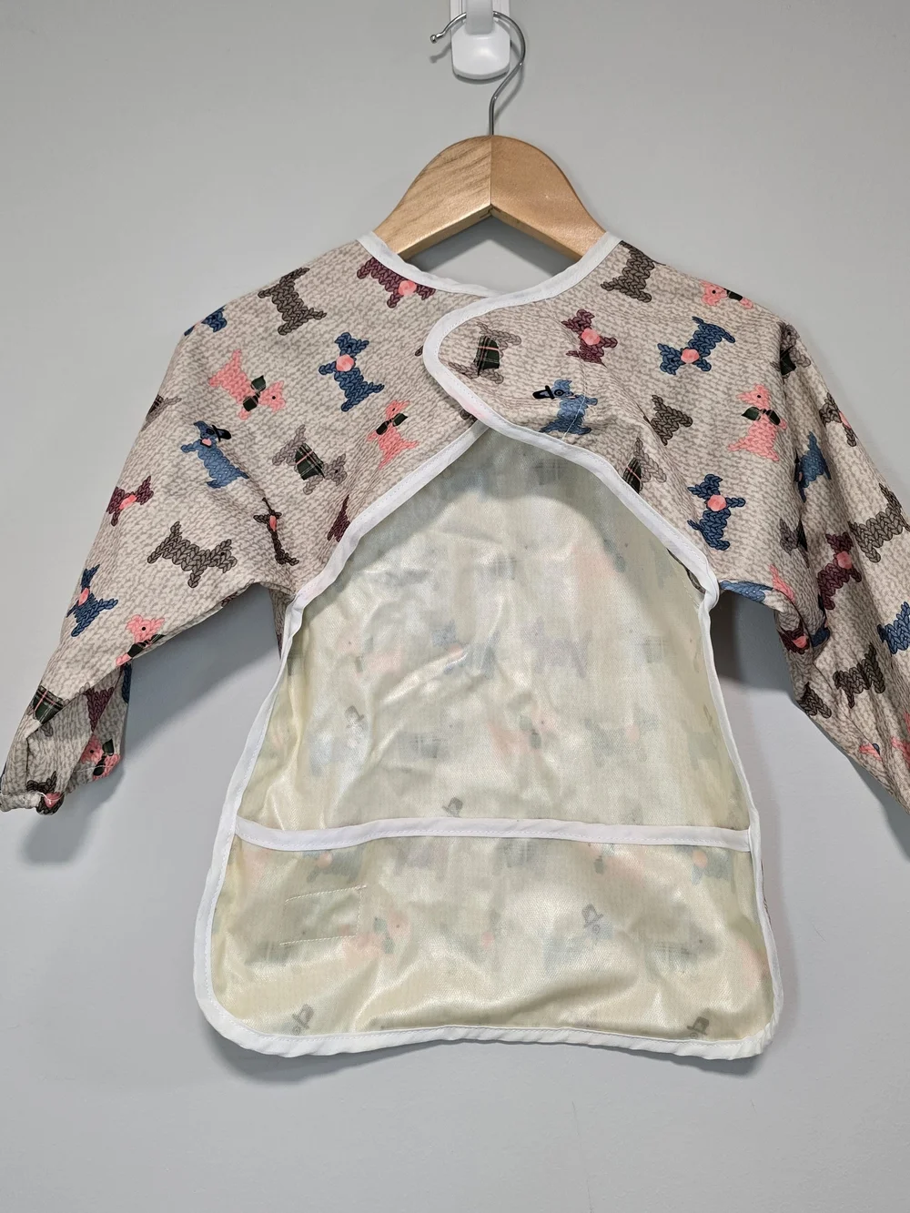 3 for $10 Smock & BiBs -Neutral Plaid & Puppy Print Long Sleeve Bib NWOT,